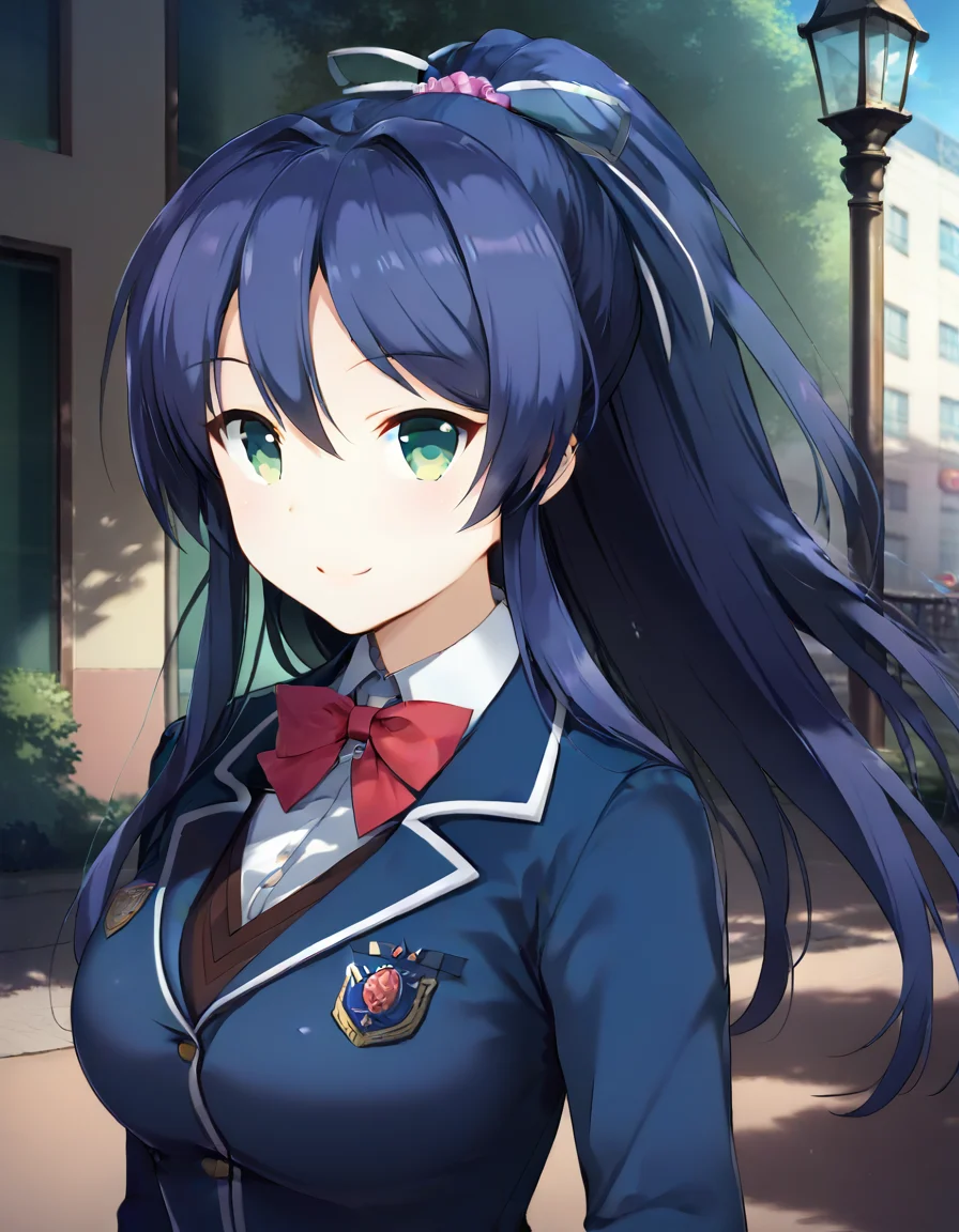 score_9,score_8_up,score_7_up,score_6_up BREAK official art,solo,outdoors,smile,upper body,(portrait:1.5),looking at viewer,facing viewer,Shijou Rika,blue hair,long hair,high ponytail,floating hair,hair ribbon,white ribbon,sidelocks,hair between eyes,parted bangs,green eyes,school uniform,blazer,blue jacket,taut jacket,wing collar,red bowtie,black vest,collared shirt,white shirt,large breasts,skindentation,long sleeves,blue skirt,plaid skirt,pleated skirt,zettai ryouiki,black thighhighs,loafers,<lora:Shijou Rika(ksak)-Pony:1.6>,<lora:Smooth Anime Style LoRA XL:0.8>,