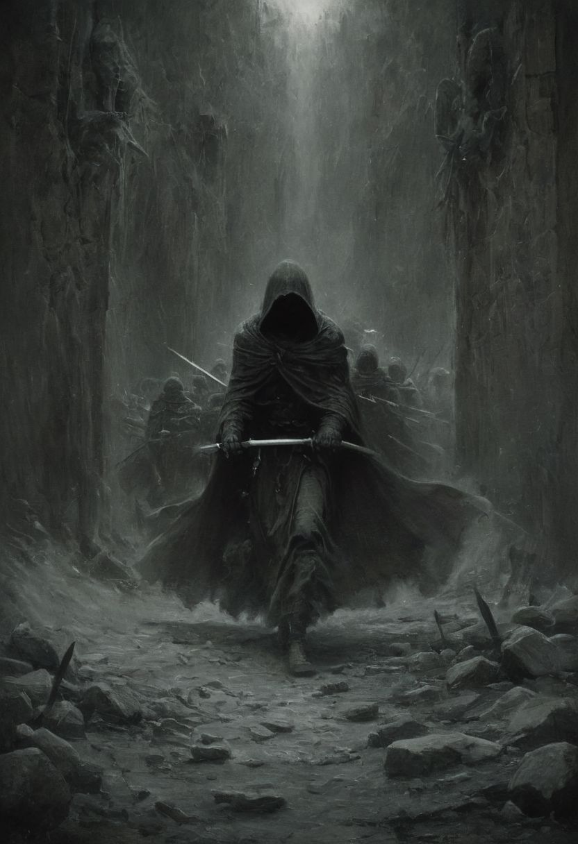 a terrible terrifying fight scene between an honorable knight and a hooded assassin dragging us with swords and daggers, (vacations, high resolution:1.3), (small, selective focus, european film:1.2), (sexual advance:1.1), ,end of hopes ,silence, extremely detailed,dark,sad, easynegative, digital artwork by Beksinski, extremely detailed, dark, chiaroscuro, low-key,in the style of Kelly Slater ,style by Kelly Slater,closeup,digital artwork by Beksinski, style of Kelly Slate
