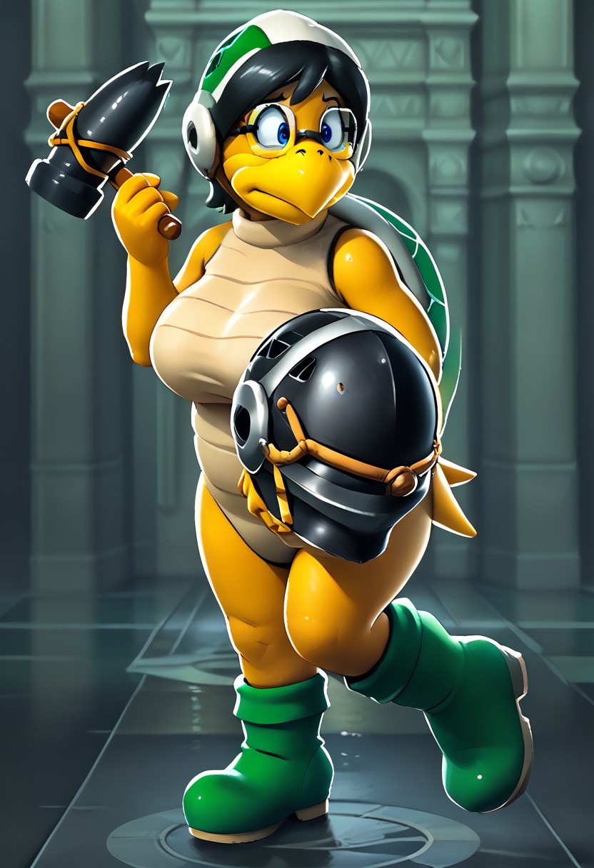 Score_10, score_9, score_8, full body, solo, 1girl, mature female, curvy, large breasts, shyteru,black hair,blue eyes,glasses, hammerbro, helmet, boots, green footwear, holding, hammer, weapon