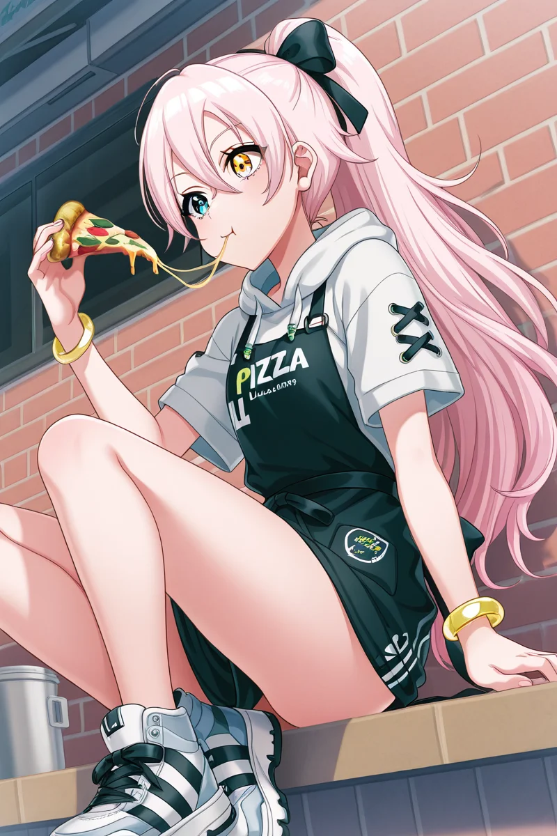 masterpiece, best quality, amazing quality,
<lora:Lumina_IL:1> lumina, 1girl, solo, heterochromia, long hair, ponytail, food, eating, sitting, jewelry, hoodie, black apron, short sleeves, shoes, holding, blue eyes, blonde hair, pizza, sneakers, hair between eyes, pink hair, short sleeves, bow, bracelet, hair bow, yellow eyes, bangs, holding food