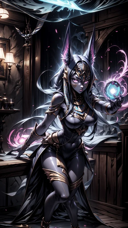 (masterpiece, best quality, ultra-detailed, intricate details),nice hands,newest, ai-generated,anime screencap,<lora:Background_Detail_v3:0.8>, <lora:add_detail:0.5> , <lora:GoodHands-vanilla:1> ,BREAK 1anubis|girl, large breasts, full body, solo, two-tone hair, solo:2, glowing, aura,Arcane Magic,fog, armored dress, dynamic pose, in a restaurant,morning,Clear and cool, ( hair over crotch), (twin drills:1.2), sidelocks, black hair, (very short hair),BREAK, outstretched arm,Glittery smoky eyes and a matte lips, <lora:Anubis:0.9> Anubis,((Anubis mask, metall mask ,mouth mask, egyptian mask:2,Wear a mask,long snout )):2,outdoors, covering face:2 ,no mouth, <lora:ARWgodanubis:0.9> godanubis, jackal head ,fur-trimmed short jacket, shoulder spikes,full pink bodysuit, <lora:ultrainstinct_v3_offset:0.8> ultrainstinct, aura <lora:gender_slider_v1:1.1> <lora:AnzhcMask_577380:0.5> anzhcmask