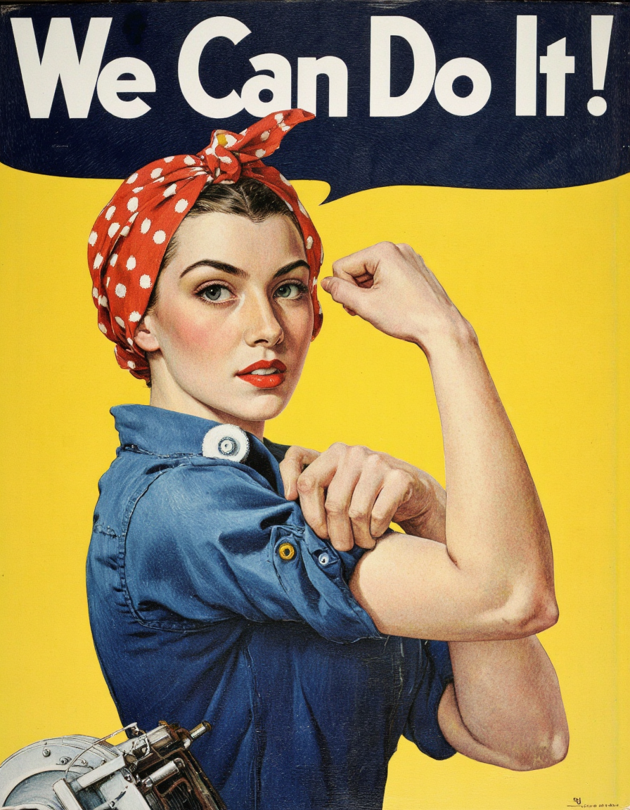 Art by Norman Rockwell. A vintage propaganda poster from the 1940s featuring Rosie the Riveter, a strong woman with a determined expression, wearing a blue shirt and a red and white polka-dot headscarf, flexing her biceps with a speech bubble above her head that reads "We Can Do It!"