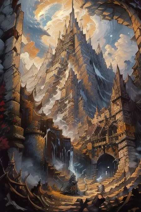 ((Masterpiece)), realistic digital painting of the hall of the mountain king, throne room, the dead dwarf king, full armor, guards his treasure with greedy wrath for anyone foolish enough to try to take it, official art, trending on artstation, perfect composition, rule of thirds, golden ratio, cinematic lighting, crepuscular rays, <lora:fantasyv1.1:1>,