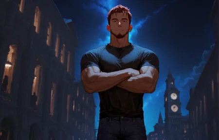 <lora:Lifeline_Style_V2_Illu_Edition-000015:1>, (llv2-illu), ((standing with arms crossed in front of body, capitol building, jeans, red hair, night, Point-of-view shot))
looking at the viewer, cowboy shot, 
(very short hair, beard, bara, mature, facial hair, stubble, beard, full beard, sideburn, beard, a lot of beard, ), facial hair,male focus, muscular male, muscular male, bara, mature,  bara, mature, aixiwuganda_(20222192), very awa, masterpiece, best quality, absurdres, newest, perfect quality, detailed background, intricate details,
<lora:slider_Body Type_alpha1.0_rank4_noxattn_last:3><lora:Anime Summer Days 2 Style SDXL_LoRA_Pony Diffusion V6 XL:.6><lora:slider_cfg_scale_boost:.7><lora:Artist6p:.55>, Artist6p, Artist04p,<lora:slider_il_brightness_slider_d1:-1><lora:slider_il_contrast_slider_d1:-1><lora:slider_DarkSlider1.2_alpha1.0_rank16_full_300steps:-.6>