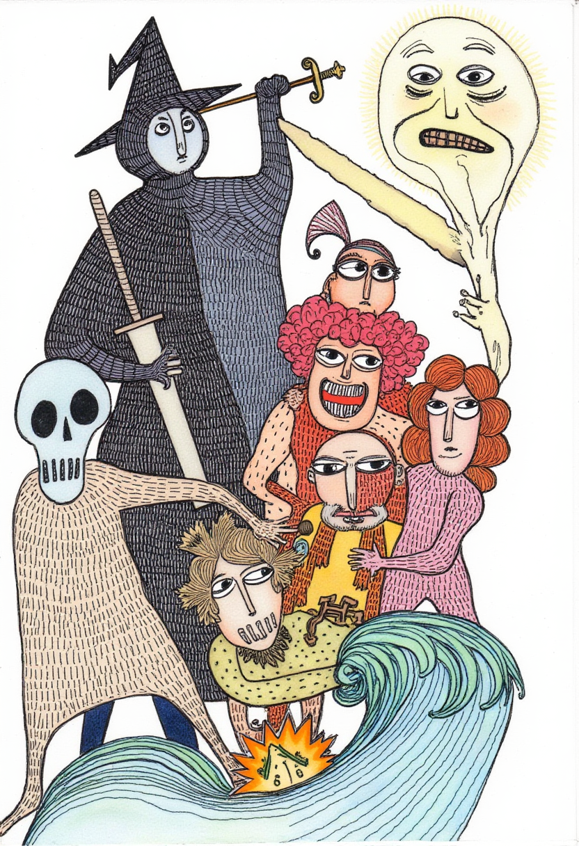 margeougreve, Characters include a slender necromancer in a black cloak, a muscular redheaded warrior wielding a huge sword, and a grinning skeleton., A whimsical plop art piece, showcasing a variety of colorful and quirky characters. Each character is drawn with a distinctive style, with simple and bold lines, and they are connected by a series of curved lines that resemble a wave or a plop. a The overall composition of the artwork is playful and full of life, with a touch of surrealism.
