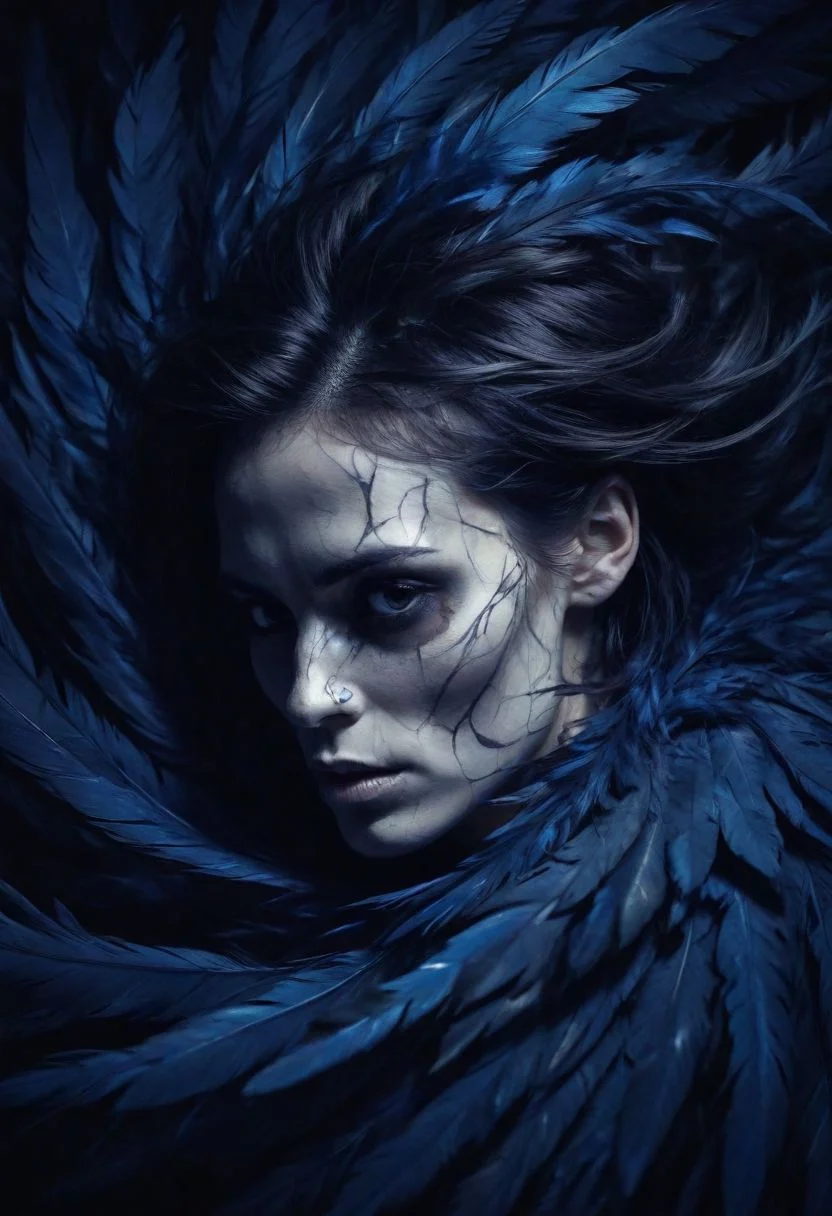 the skull is distorted by the twists and turns of a woman with dark hair, in the style of neon impressionism, dark blue and light black, photoillustration, made of feathers, expressive light and shadow, expressionist emotiveness