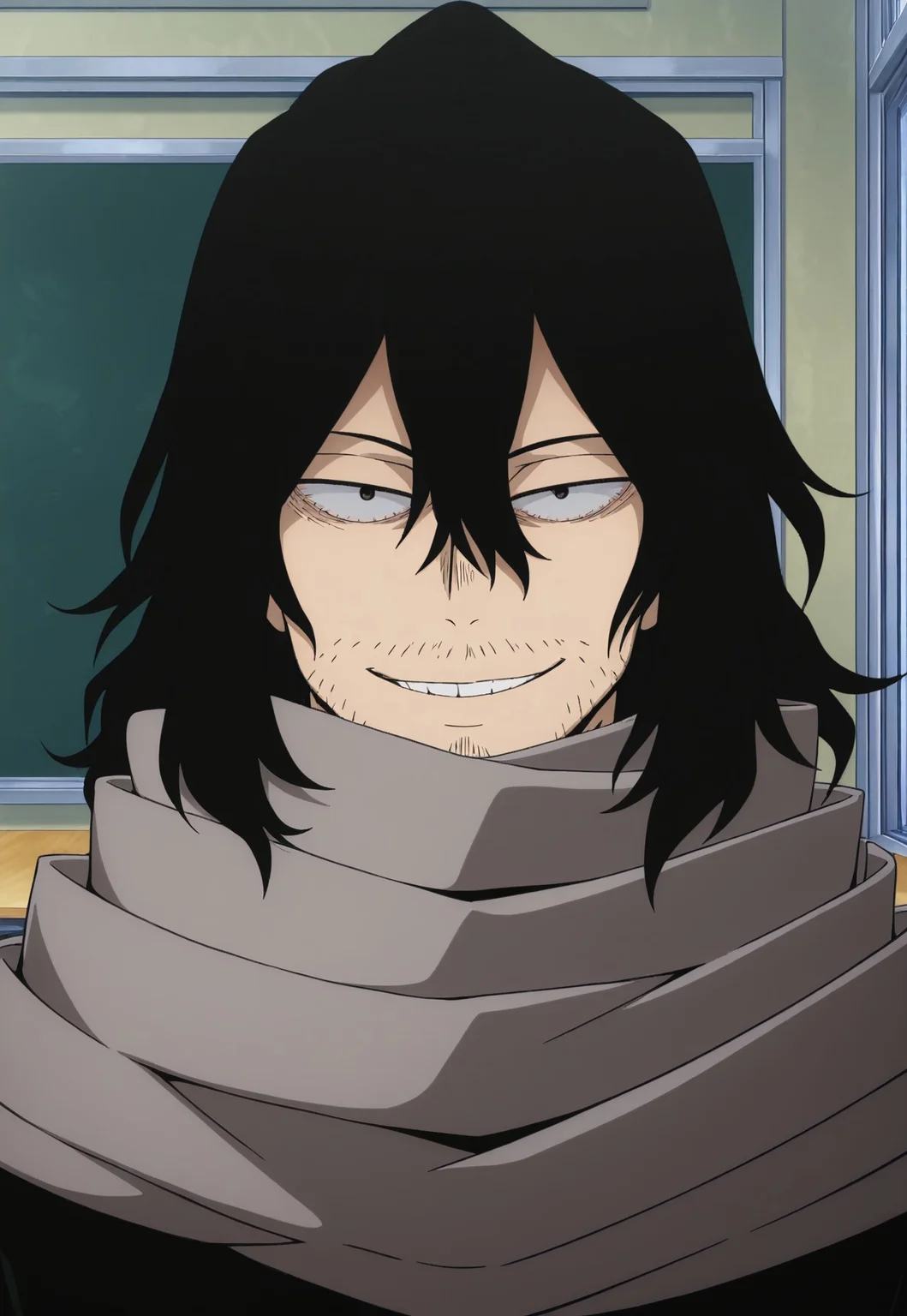 safe_pos, rating_nsfw, ultra hd, absurdres, solo, masterpiece, best quality, male focus, 1boy, cartoon art style
MHAShouta, black hair, stubble, hair between eyes, black shirt, grey scarf, portrait, headshot, smiling, looking at viewer, classroom