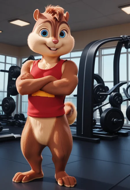 Score_9, score_8_up, score_7_up, source_furry, Alvin Seville, chipmunk, chipmunk male, furry male, furry, 3d, render, movie screencap, blue eyes, muscular body, muscles arms, muscular legs and thighs, red tank top, barefoot, gym, machines, smiling, crossed arms, looking at viewer, <lora:Alvin _Seville __Alvin_and_the_Chipmunks__CG_Movie_version:0.8>