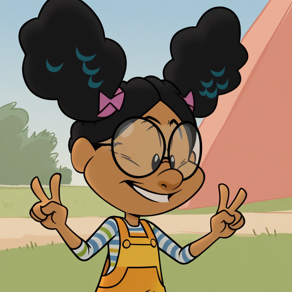 score_9_up, score_8_up, BREAK, Lili, 1girl, solo, black hair, afro, hair bow, black eyes, glasses, striped shirt, overalls, upper body,   <lora:Lili_MyBigBigFriend_PXL_Leaf1:1>, outdoors, double v,