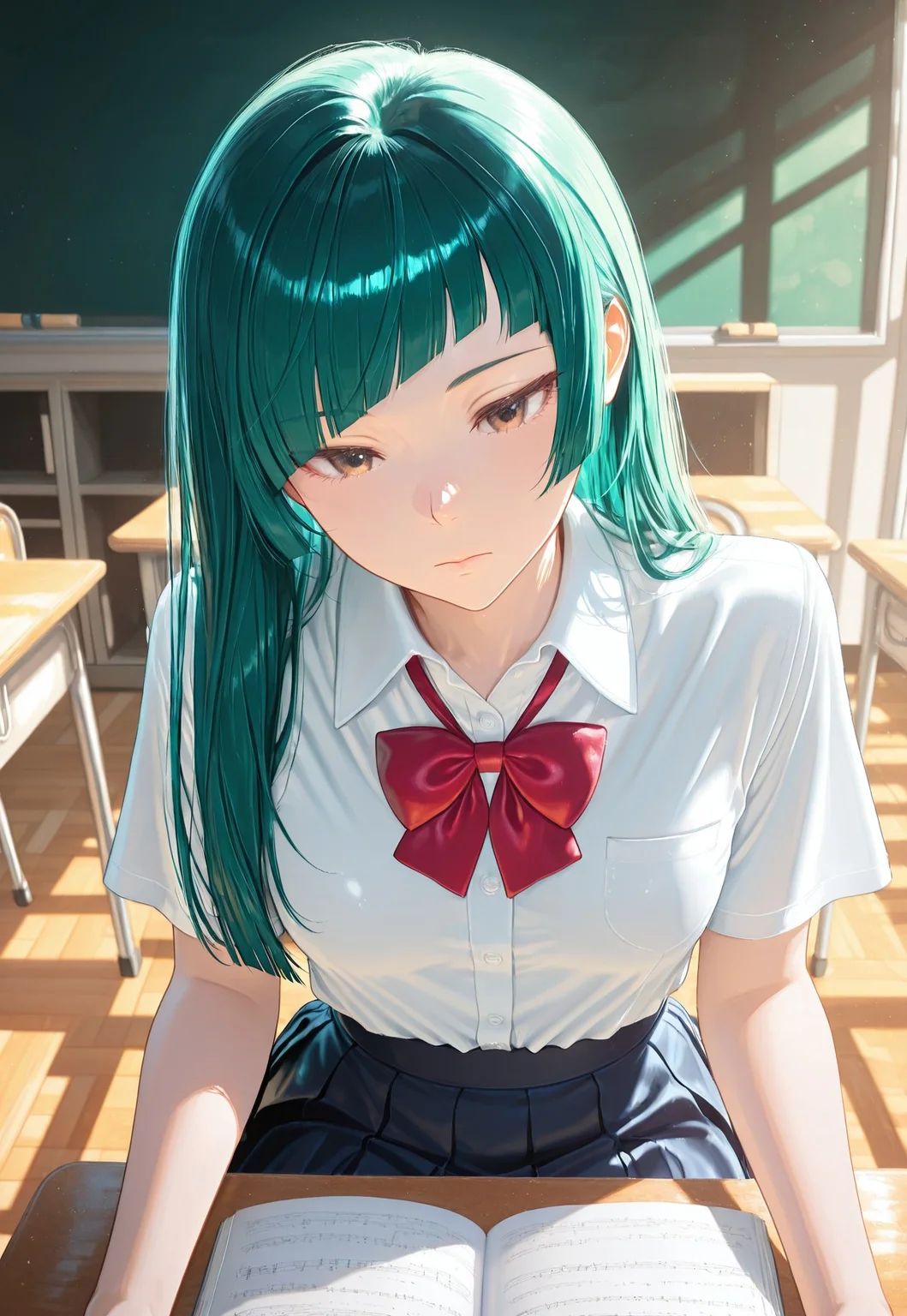 classroom background. classroom foreground. human shadows in background.
1 girl sitting in class. expressionless. she is bored. she is secretly reading a comic under the table. white buttonup shirt. red bowtie. dark blue skirt. human shadows sitting at table. midoriL, blunt ends, diagonal bangs, green hair, brown eyes, small breasts.
hyper-realistic textures, immersive angle, realistic background, motion blur, immersive perspective,
((masterpiece, absurdres, newest, general)), ((detailed eyes)), (detailed background), visual impact, high contrast, highly detailed, 4K, perfect quality, best quality, absolutely eye-catching, ambient occlusion, raytracing, great anatomy, correct anatomy, uncensored