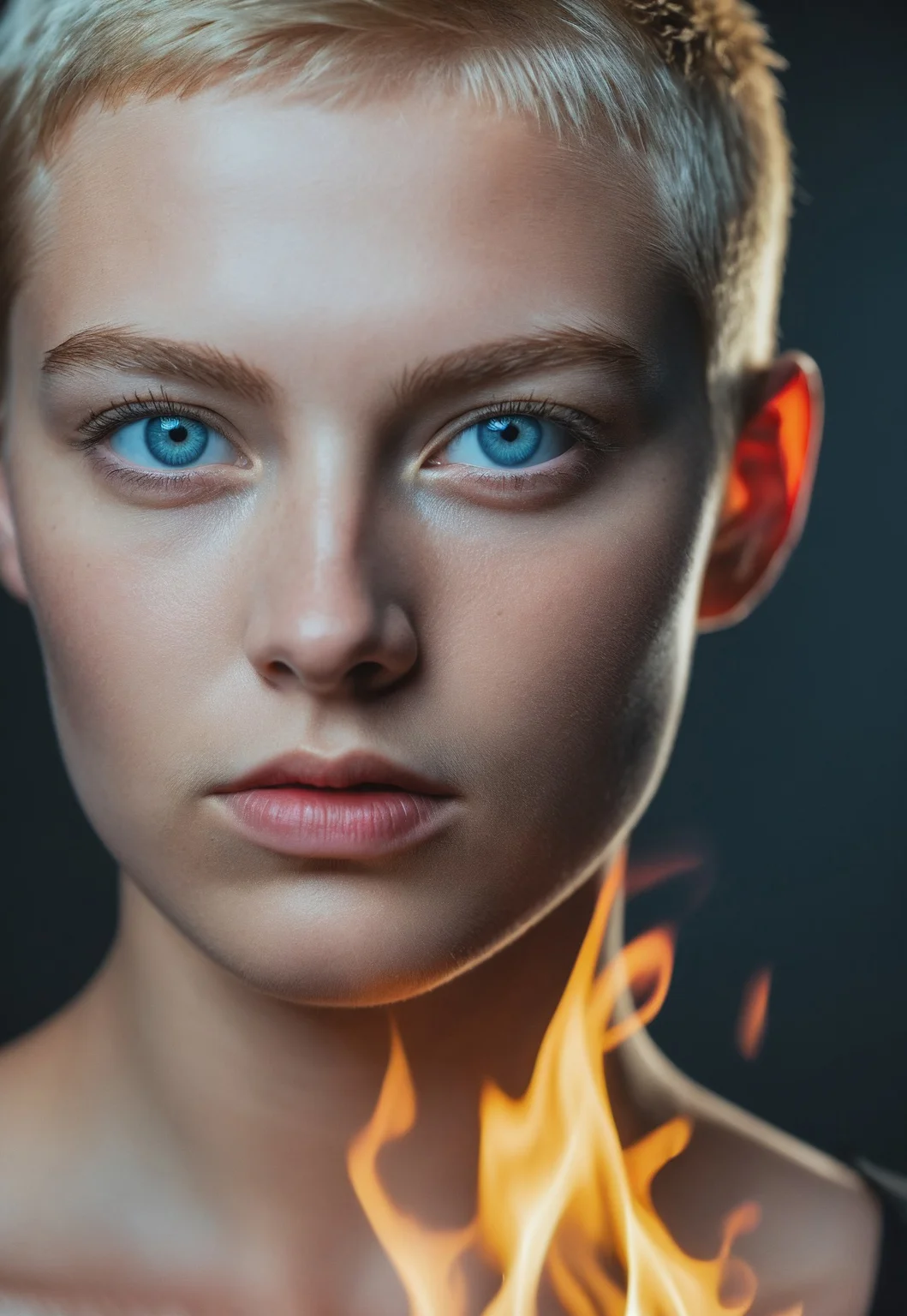 Close up of a Girl’s Blue eyes, Blond buzz cut hair, reflecting a Fire from a lighter, studio photography, Studio lighting, jack bridgland Photography style, High-contrast’ Dramatic lighting, Cool and warm color contrast, Stark highlights and shadows, Moody and intense, Cinematic feel, Focused light source, Bold color palette, Nikon f3, Nikon AF-S 24-85mm F/3.5-4.5 G SWM ED IF Aspherical Lens, F/2.8, Cinematic