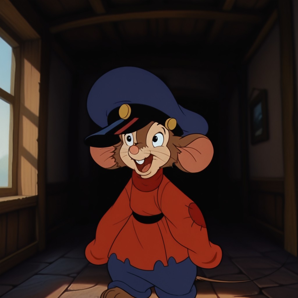 masterpiece, best quality, amazing quality, fievelMil, semi-anthro, male, mouse_boy, brown body fur, black eyes, whiskers, red shirt, long sleeves, blue pants, black belt, blue hat, standing, inside, solo, 1boy,happy, <lora:279e77f9-f73c-4cba-a44c-3f10390c8bfa:1.0>