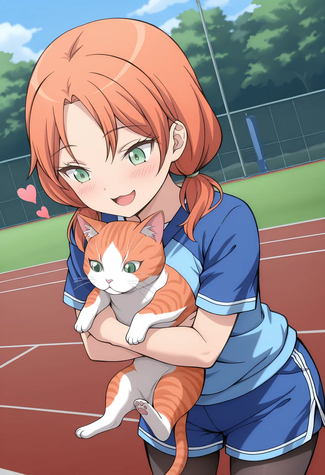 <lora:Hayami_Rinka:1>,Hayami_Rinka,1girl,orange hair,green eyes,low twintails,hug,cat,looking at cat,light_blush,:d,=w=,heart,water_eyes,sportswear,blue shirt,blue shorts,black_pantyhose,masterpiece,best quality,amazing quality,very aesthetic,absurdres,newest,outdoors,