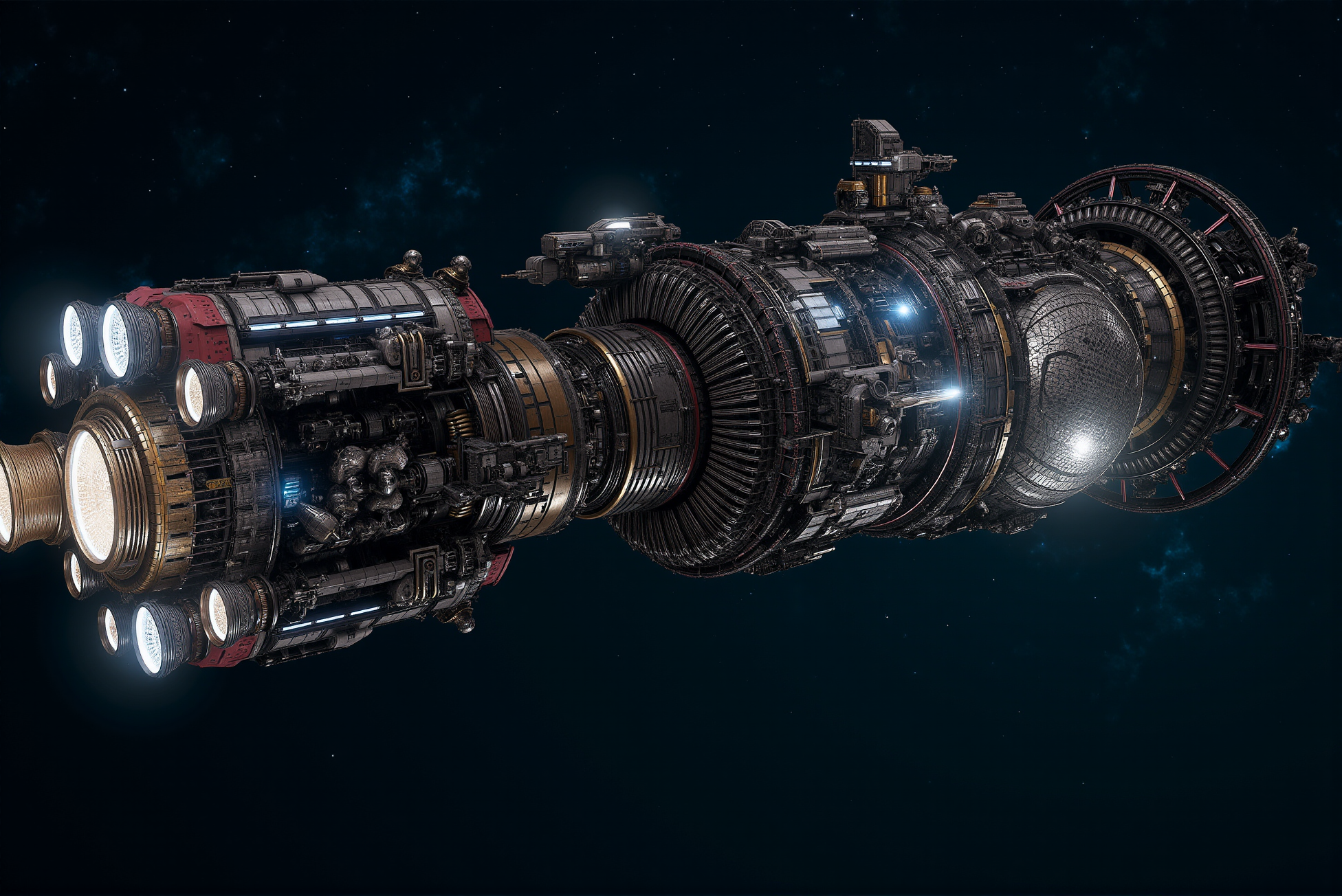 <lora:SpaceCraft_v.1:0.8> SPCCRFT style. A colossal deep-space vessel drifts silently through the cosmos, its intricate design embodying a perfect fusion of industrial functionality and advanced engineering. The ship's exterior is a labyrinth of interconnected modules, reinforced trusses, and exposed framework, creating a sense of immense scale and mechanical sophistication. Massive cylindrical thrusters at the rear, encased in intricate metallic scaffolding, emit a subtle blue glow, hinting at powerful propulsion systems capable of traversing vast interstellar distances. The hull is adorned with an array of sensor arrays, docking ports, and modular cargo bays, each featuring high-detail paneling, structural bracing, and intricate mechanical components, emphasizing the vesselâs purpose as a long-range exploration or research platform. A network of illuminated conduits and cooling systems in vibrant blue and amber tones snakes along the ship's spine, contrasting with the raw metallic grays and industrial reds that dominate the structure. The midsection houses a massive geodesic framework, suggesting a multi-purpose compartment for scientific research, resource processing, or modular habitation. Bright spotlights mounted along the hull cast sharp highlights and deep shadows, accentuating the vessel's intricate surface details and lending a dramatic cinematic quality to the composition. The vast expanse of deep space, punctuated by distant stars and faint nebulous clouds, provides an atmospheric backdrop that enhances the grandeur and isolation of the ship. The image follows a highly detailed photorealistic sci-fi art style, with an emphasis on meticulous texturing, advanced lighting effects, and an expertly balanced composition. The intricate layering of mechanical elements, combined with the dynamic perspective, evokes a powerful sense of scale, making the vessel feel both immense and intricately crafted, embodying the essence of deep-space exploration and technological resilience.