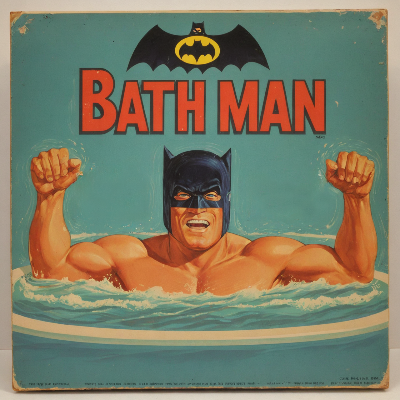 vintage board game (text logo: 'Bath man':1.2). illustration of 1960s batman in a jacuzzi