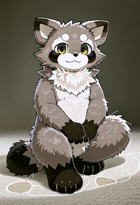 zuppu11, full body, solo, furry, score_9, score_8_up, look at viewer, male focus, no humans, furry male, flux-style, detailed eyes, rambley raccoon, sitting