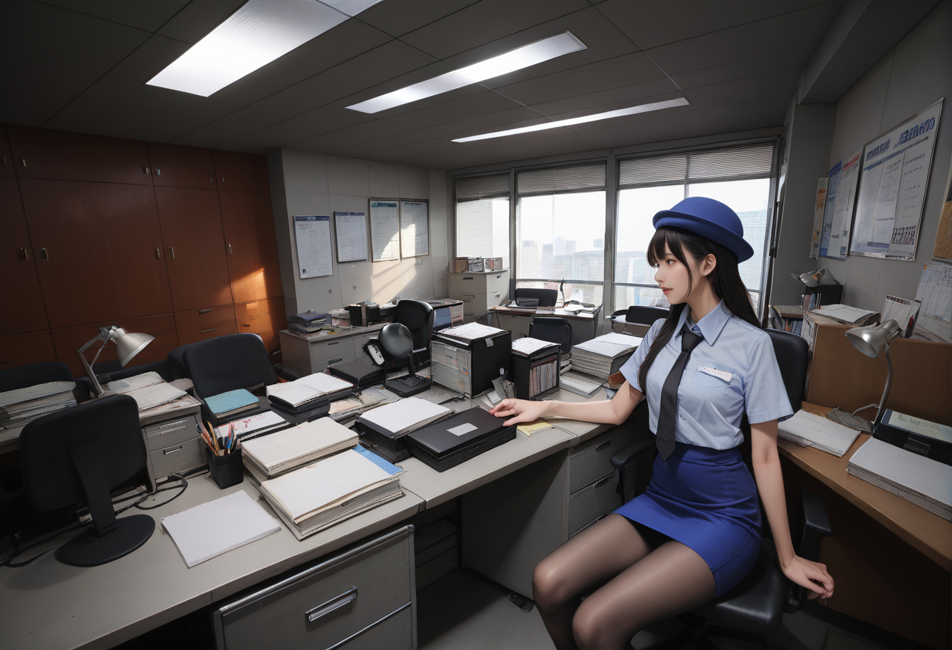 ,ruanyi0945,office,indoors,
sunlight,
,ruanyi0820,black necktie,blue hat,blue shirt,blue skirt,black pantyhose,short sleeves,pencil skirt,<lora:0945 police office_v1_pony:0.8>,<lora:0820 tokisaki kurumi policewoman fan costume_v1_pony:0.7>, score_9,score_8_up,score_7_up,,8k,1girl,solo,,