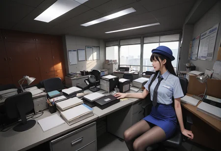 ,ruanyi0945,office,indoors,
sunlight,
,ruanyi0820,black necktie,blue hat,blue shirt,blue skirt,black pantyhose,short sleeves,pencil skirt,<lora:0945 police office_v1_pony:0.8>,<lora:0820 tokisaki kurumi policewoman fan costume_v1_pony:0.7>, score_9,score_8_up,score_7_up,,8k,1girl,solo,,