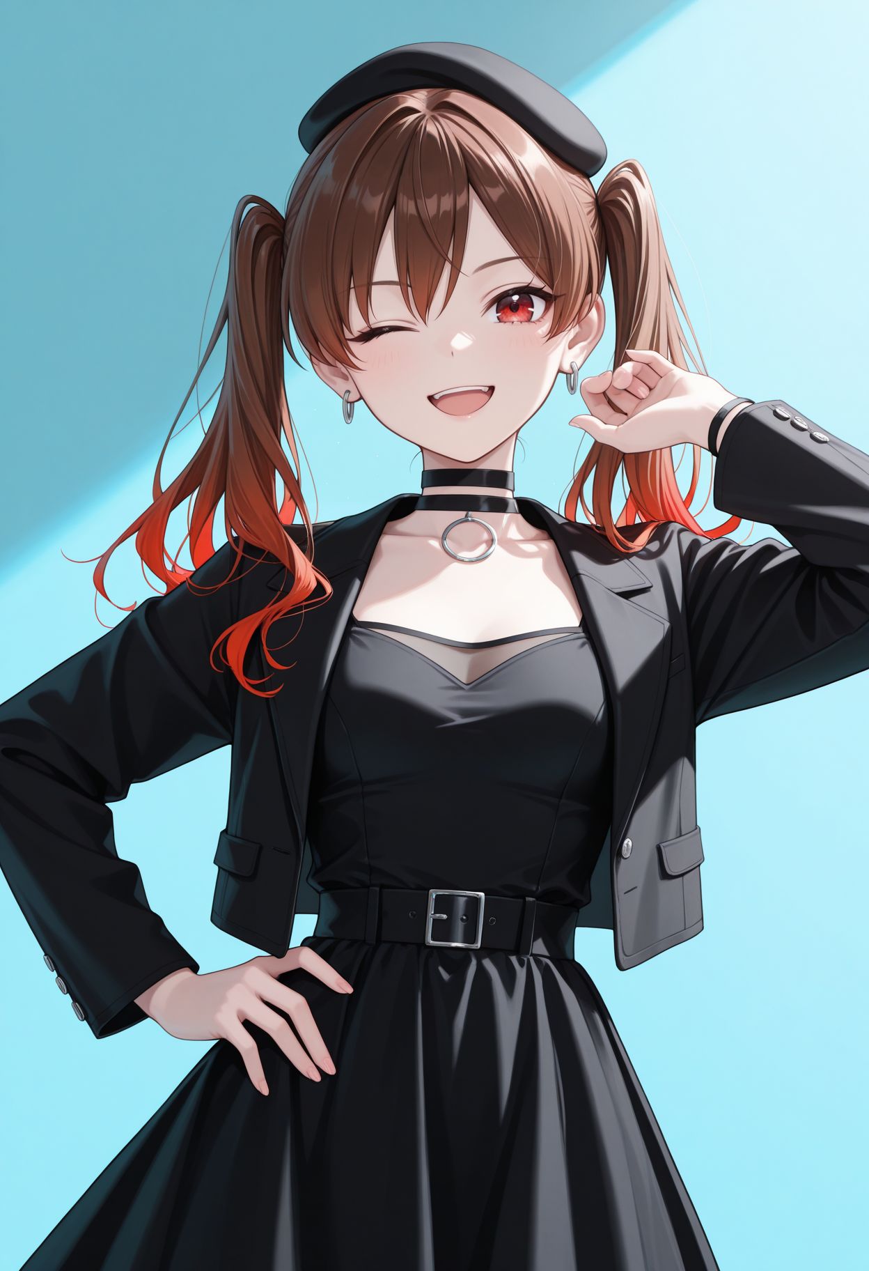 masterpiece,best quality,absurdres,highres,very aesthetic,high quality,detailed,insanely detailed,beautiful,perfect lighting, looking at viewer, hand on hips,smile, open mouth, light blue background,one eye closed, very awa upper body
 <lora:Ootsuki Yoyoko illu:1> 1girl, twintails, multicolored hair, gradient hair, brown hair, red hair, black headwear, beret, black choker, long sleeves, black dress,, open jacket, jewelry, earrings, black jacket
