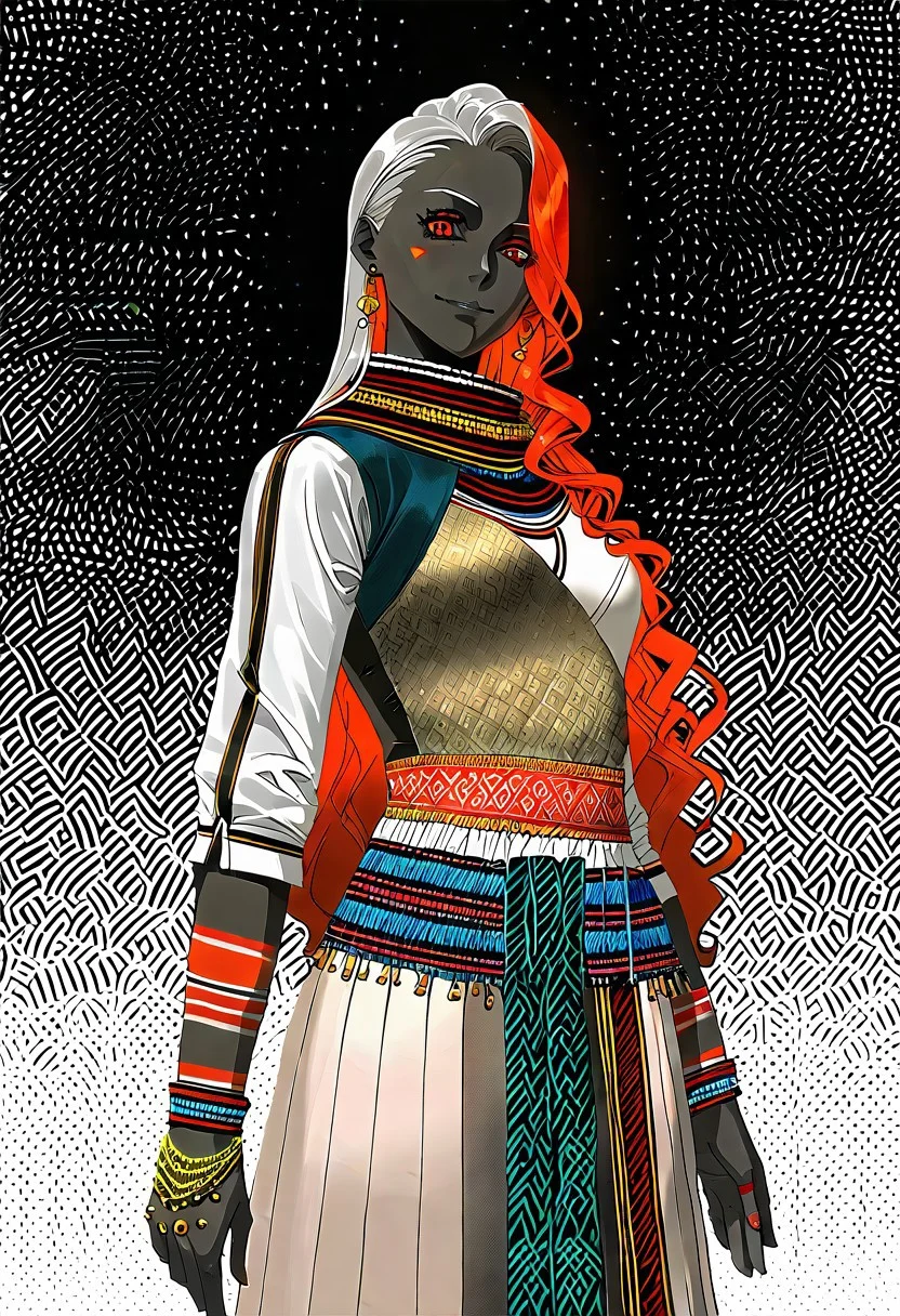 score_9, score_8_up, score_7_up,
indoors background, detailed face, detailed hands, detailed clothing, red gold theme,
BREAK
source_anime, country of ethiopia, ethiopian castle, throne room,
BREAK
1girl, ((black skin)), warm smile, grey hair, red hair, multicolored hair, long hair, curly hair, gradient hair, red eyes, dynamic pose, african tribal outfit, red long skirt with tribal motif, medium breasts, bandaged chest, leopard skin motif, leopard skin bandage, earrings, (jacket on shoulders), ethiopian motif, leopard skin scarf, creative front angle, looking at viewer, upper body focus, somewhat modest clothing, solo,