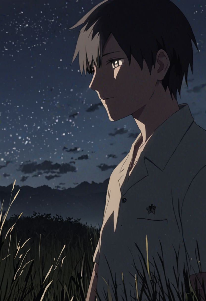 Highres, Masterpiece, High Quality, 4K, 8K, solo, 1Boy, Takaki Toono, adult, black hair, short hair, grassland, no light pollution, bush, nature, calm, peaceful, night breeze, breeze, awe, dim, easynegative, detailed_eye_model