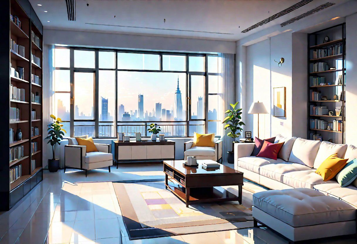 ((front view)), Shallow scene, ((animation style)), modern-style interior, with white walls, (large windows), a  study, Sofa, coffee table, bookcase, single wall, 
warm light morning sun, ((City high-rise building scenery)), (clear sky)