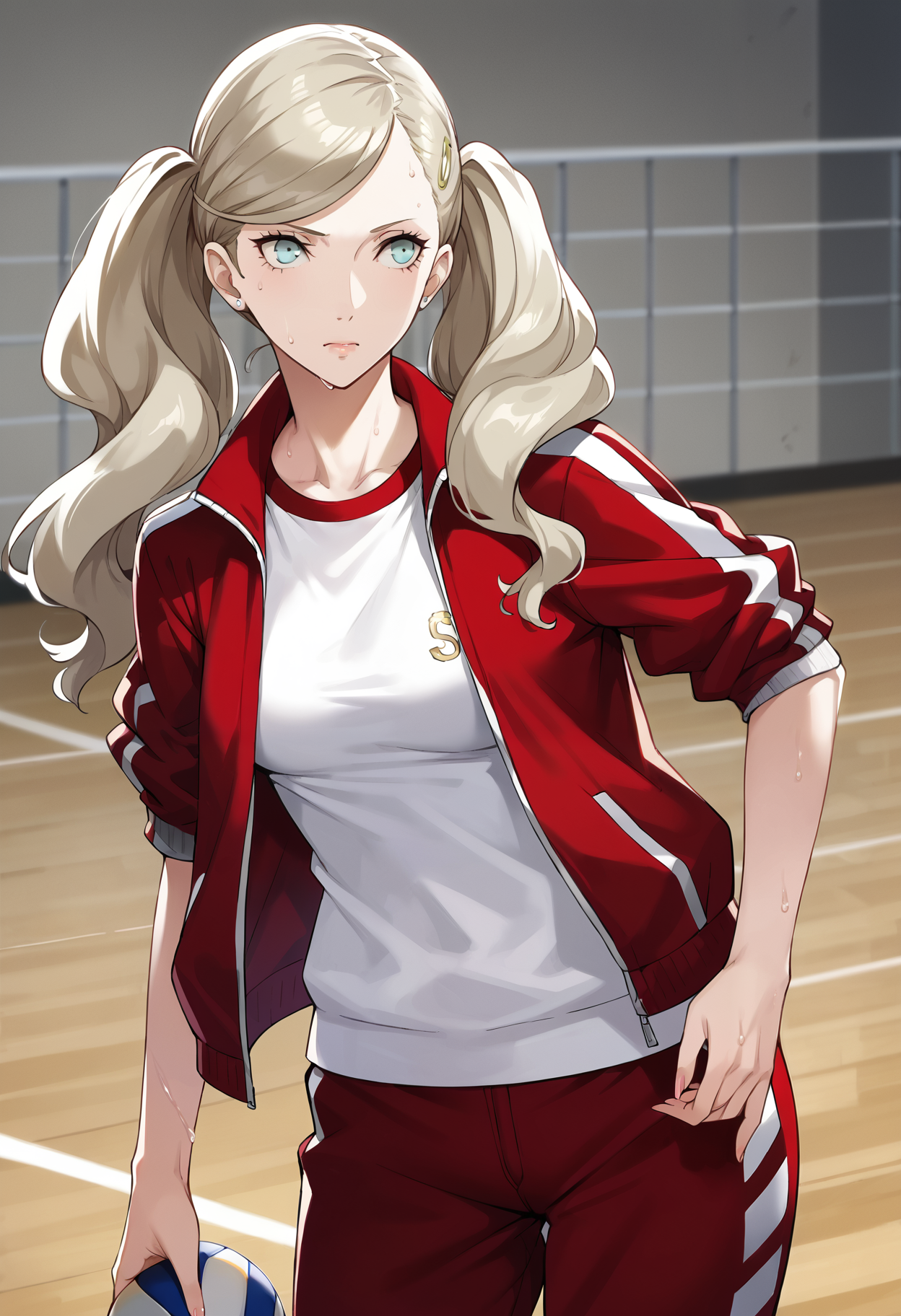 score_9, score_8_up, source_anime
1 girl, solo,
p5ann, takamaki anne, blonde hair, long hair, twintails, swept bangs, hair clip,
p5ann-track, track suit, track jacket, red jacket, open jacket, sleeves rolled up, track pants, red pants, pants rolled up, white sneakers,
inside, gymnasium, volleyball court, standing, tired, sweaty,
masterpiece, best quality, ultra detailed,