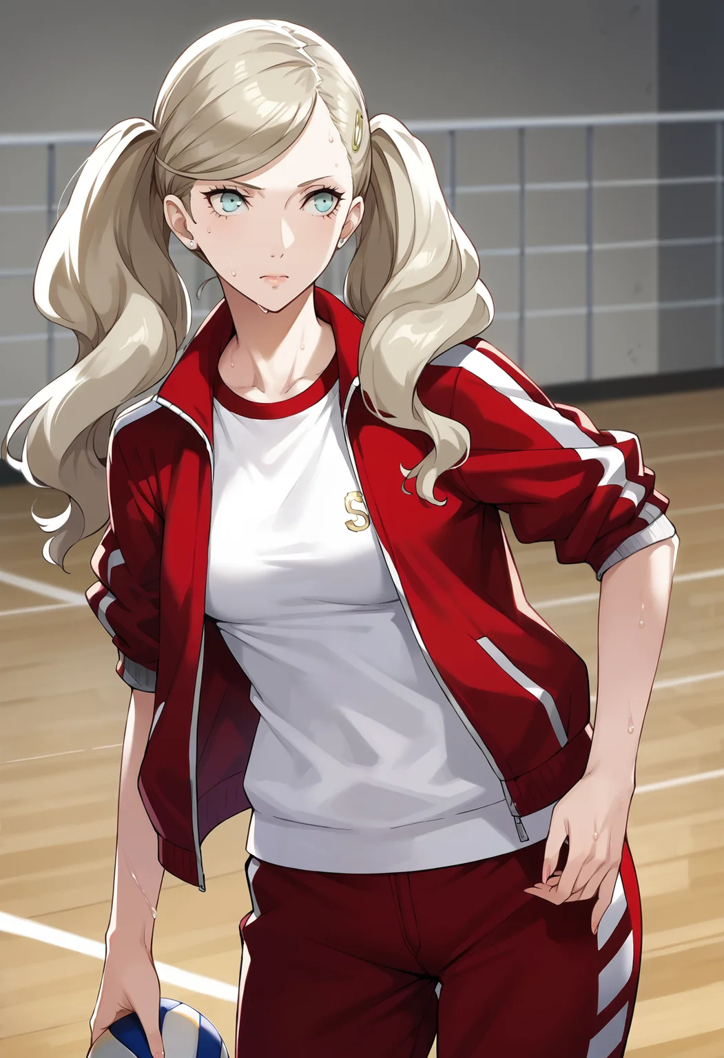 score_9, score_8_up, source_anime
1 girl, solo,
p5ann, takamaki anne, blonde hair, long hair, twintails, swept bangs, hair clip,
p5ann-track, track suit, track jacket, red jacket, open jacket, sleeves rolled up, track pants, red pants, pants rolled up, white sneakers,
inside, gymnasium, volleyball court, standing, tired, sweaty,
masterpiece, best quality, ultra detailed,