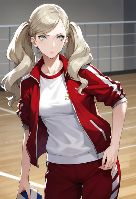 score_9, score_8_up, source_anime
1 girl, solo,
p5ann, takamaki anne, blonde hair, long hair, twintails, swept bangs, hair clip,
p5ann-track, track suit, track jacket, red jacket, open jacket, sleeves rolled up, track pants, red pants, pants rolled up, white sneakers,
inside, gymnasium, volleyball court, standing, tired, sweaty,
masterpiece, best quality, ultra detailed,