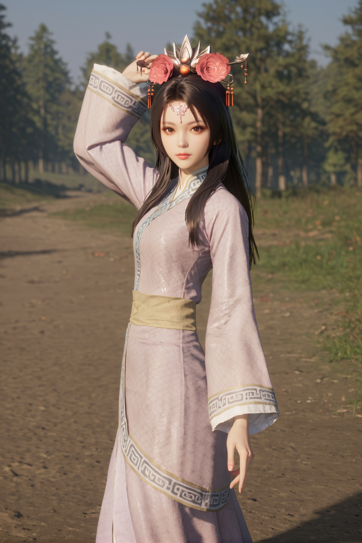 score_9, score_8_up, score_7_up, Standing with one arm raised,<lora:Yu_Meiren_Dynasty_Warriors:0.8> 1girl, solo, black hair, long hair, hair ornament, hair flower, brown eyes, chinese clothes, long sleeves, outdoors, looking at viewer