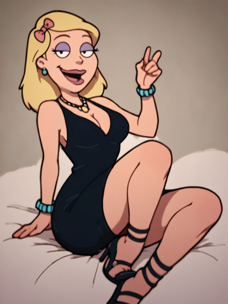 becky, 1girl, blonde hair, solo, breasts, cleavage, black dress, earrings, makeup, hair bow, necklace, high heels, medium breasts, open mouth, smile, bracelet, lipstick,looking at viewer, smile, naughty face,club  score_9, score_8_up, score_7_up, score_6_up <lora:BeckyPony1.0:0.8>