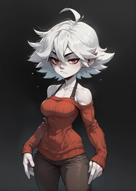 white skins, spiky red short tomboy hair, neutral expression, tight sweater, <lora:NAHIRI:1> nahiri, 1girl, solo, short hair, breasts, bare shoulders, white hair, colored skin, <lora:Huffslove_Style_PonyXL:1> shortstack, source_anime, score_9_up, score_7_up, score_8_up