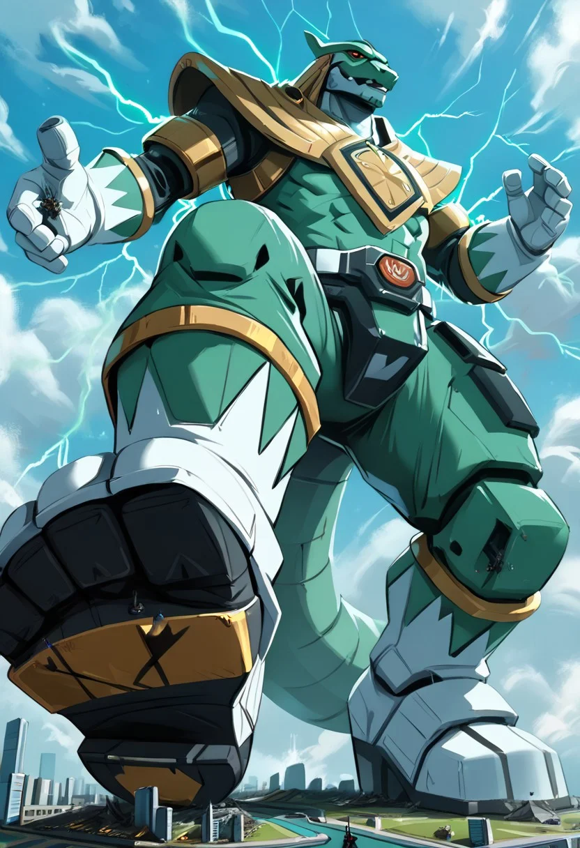 score_9, score_8_up, score_7_up, source_anime, source_furry, macro, (giant), (gigantic size), (gtssize), (male focus), 1boy, solo, science fiction, (masterpiece), (best quality), (highest quality), (highres), (absurdres), (extremely detailed), (bodybuilder), (bulky), (anthro), (anthro male), (anthro Western dragon: 1.5), (reptilian: 1.45), (long snout: 1.45), (glowing green eyes), (long flowing dark hair: 1.4), (green skin: 1.4), (green scales: 1.4), (green bodysuit: 1.3), (tail), (belt), (green power ranger: 1.3), (white gloves: 1.5), (looking down), (dynamic pose), (walking forward: 1.3), (foot raised), (white boots: 1.5), (imminent_stomp), (powerful stance: 1.3), (confident stance: 1.3), (destruction: 1.35), (rampage: 1.35), (green aura: 1.15), (green electricity: 1.15), (body partially obscured by tall buildings), vivid sky, (body emerging from thick mist), clouds, vivid colors, futuristic city, tall buildings, (foreshortening: 1.3), (extreme perspective), (low angle: 1.1), (close-up: 0.9)