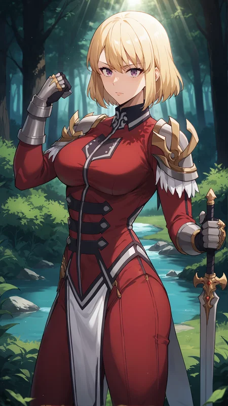 score_9,score_8_up,score_7_up,score_6_up, source_anime, girl, dynamic pose, flexing, <lora:Hae-In Cha - Pony_v2:0.9>, hae_in_cha_sl, blonde hair, bangs, purple eyes, red bodysuit, high collar, black collar, grey shoulder pads, armored gloves, rf1, pelvic curtain, nature, forest, light rays, red sleeves, red pants,