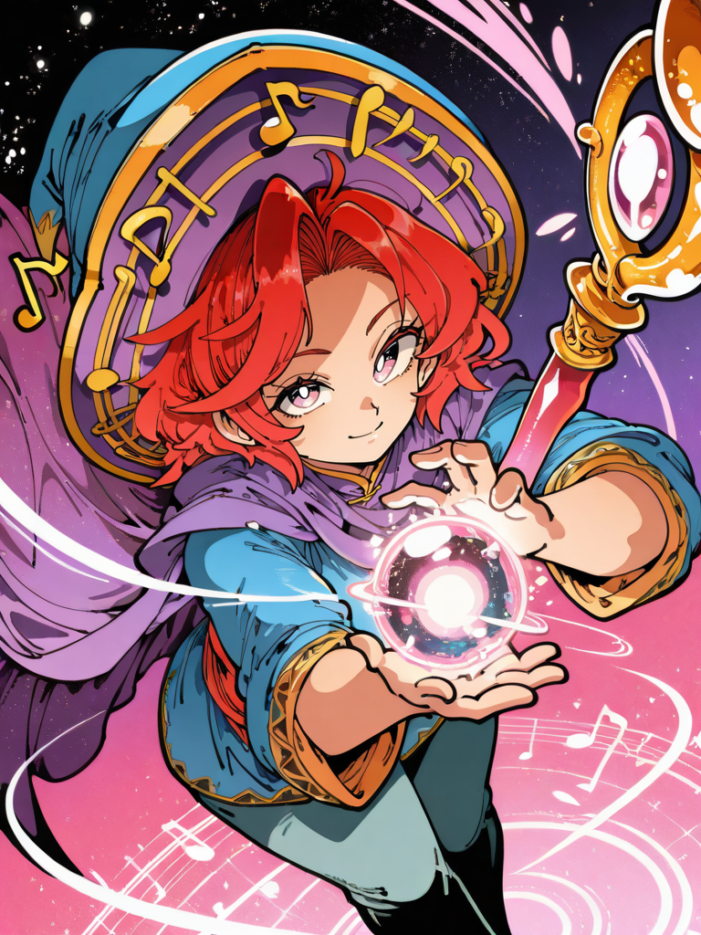 KafunXLP,,
1girl, musical note, tunic, magical staff, red hair, big hat, epic pose, light smile, bright pupils, particles around, splash art, pants, looking at viewer, cowboy shot, dynamic pose, smile, cute, wide shot, solo, dutch angle, leaning forward, magic orb in hand, 
 <lora:KafunXLP_style-12:1>