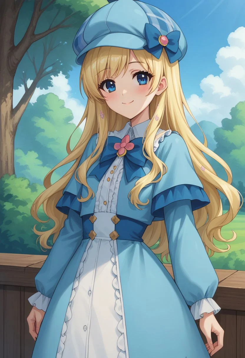 score_9, score_8_up, score_7_up, source_anime, highly detailed,
cordeliaglauca, 1girl, solo, blonde hair, long hair, hat, dress, blue eyes,
smile, looking at viewer, blue dress, standing,
blue headwear, frills, long sleeves, closed mouth, bow,
deerstalker, bangs, blush, frilled dress, upper body
outdoor, sky, tree