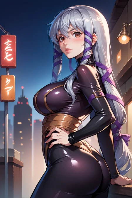 score_9, score_8_up, score_7_up, score_6_up, source_anime, 1girl, solo, <lora:clairlasbard-pdxl-nvwls-v1-000006:1> soClair, grey hair, brown eyes, long hair, hair ribbon, purple ribbon, large breasts, black bodysuit, skin tight, latex, looking at you, blush, lips, hand on own hip, arched back, from side, night, city
