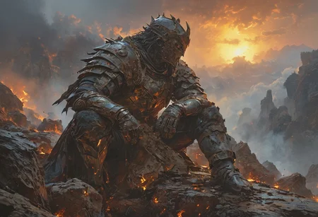 a valiant king in full armor sitting on a rock in the aftermath of a fierce battle, there are a number of dead knights around the scene, the sun sets in the sky, there is a mist that has settled in the background, <lora:MJ52:0.6>, <lora:EpicF4nta5yXL:0.8>, <lora:add-detail-xl:1>, <lora:zavy-cntrst-sdxl:1>