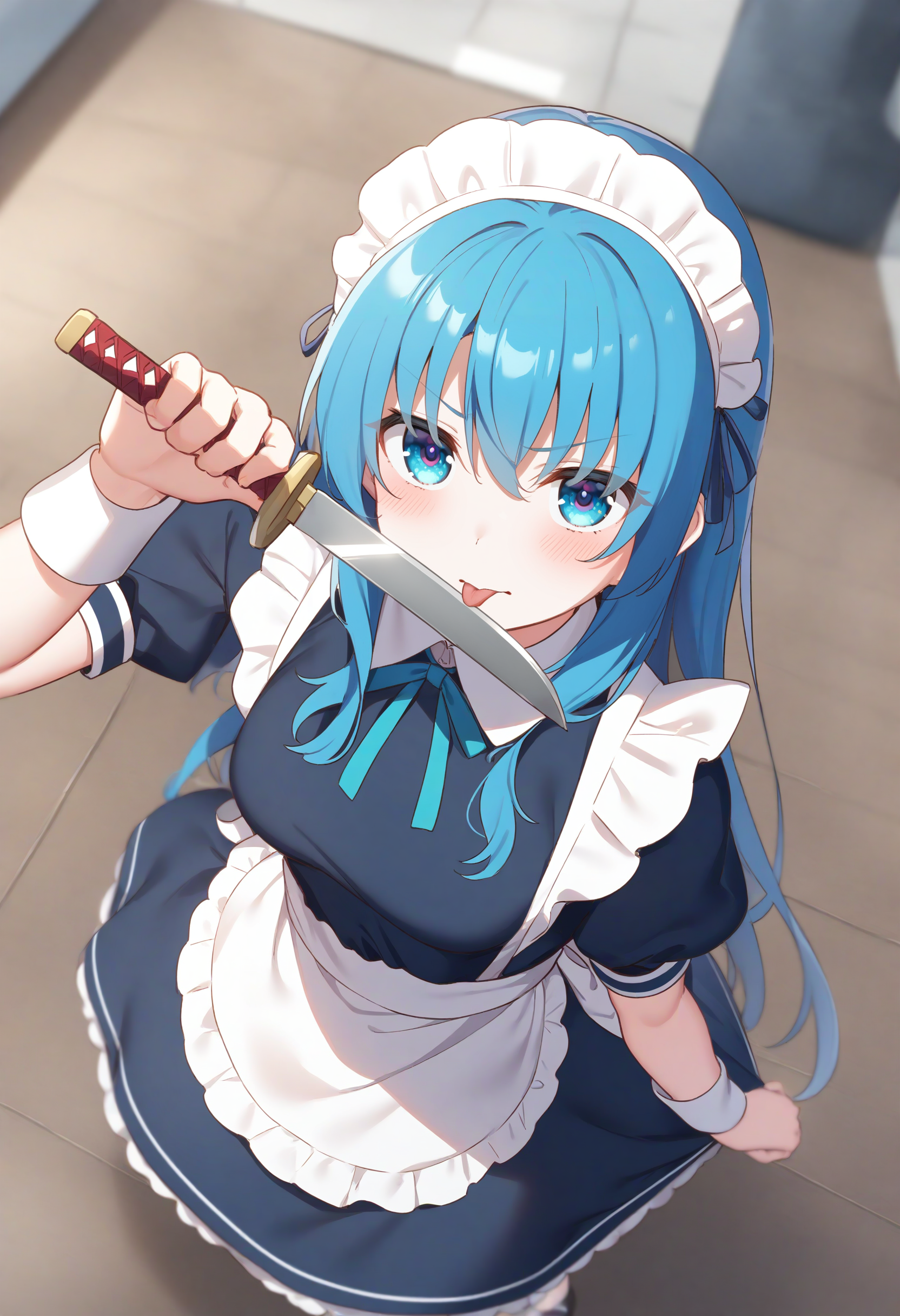 1girl,sincos, ningen mame, toosaka asagi,solo,medium breasts,20yo,maid,maid headdress,
licking knife, <lora:lickingknife_XL_v1:0.8>
tongue out, licking knife, sword, holding weapon, licking weapon,
from above, panorama shot, looking at viewer, blue hair, green eyes,guilt, cityscape, closed mouth, ringlets hair,,
best quality, very aesthetic, absurdres