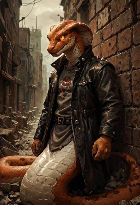 score_9, score_8_up, score_7_up, best quality, fine detail, 1boy, solo, wearing a large leather jacket with spikes and studs, (he is a snake), glowing eyes, (anthropomorphic_snakes_(naga)), in a dystopian city with rubble, visually interesting, vivid colors, dark shadows, highest quality, <lora:OtherStyle_08-Merge5_06_04_02_02:1>