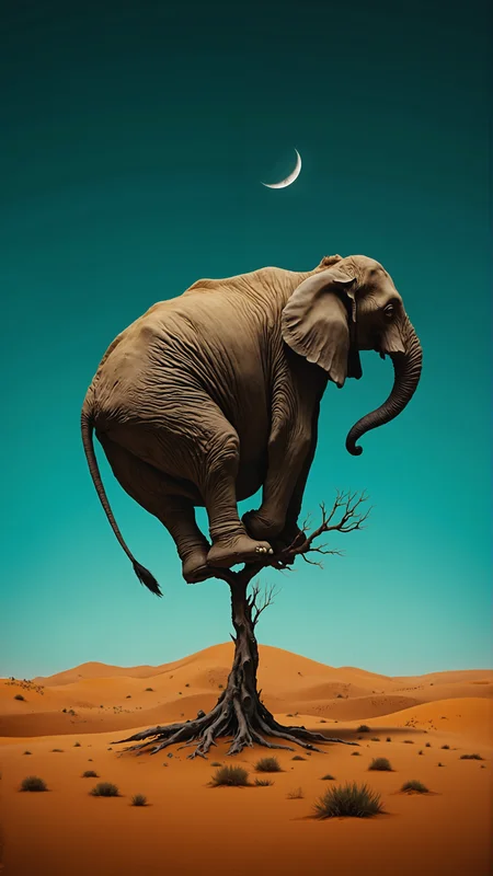 Surrealist photographic composition of a colossal elephant perched precariously on a slender tree branch in a vast desert landscape. The elephant's massive, wrinkled body is curled into an impossible ball, defying gravity and logic. Its large ears frame its body, creating a symmetrical silhouette against a deep turquoise sky. The tree, despite its delicate appearance, supports the elephant's enormous weight, its gnarled branches adorned with sparse, wind-swept foliage.
Below, an expansive desert stretches to the horizon, its rolling dunes cast in warm, golden light and cool shadows. Scattered scrub vegetation dots the sand, adding depth to the barren landscape. In the distance, more dunes create a rhythmic pattern, their curves echoing the rounded form of the elephant.
A crescent moon hangs in the sky, its pale form contrasting with the vivid blue, suggesting a dreamlike quality to the scene. The lighting is soft yet dramatic, emphasizing the textures of the elephant's skin and the grains of sand.
The image juxtaposes the heavy with the light, the impossible with the mundane, creating a sense of whimsy and wonder that challenges perception and reality. The color palette is dominated by the warm tones of the sand and elephant skin, set against the cool blue of the sky, enhancing the surreal atmosphere of this impossible scene.