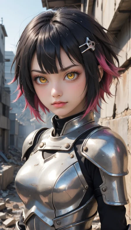 Cowboy Shot, space girl, knight girl, space punk, punk hair, stern, photo by Yoji Shinkawa and Tsutomu Nihei, black|yellow theme, battle worn armored, rubble background, depth of field, dynamic angle, fashion photography, sharp, hyperdetailed:1.15, 4n1v3rs3