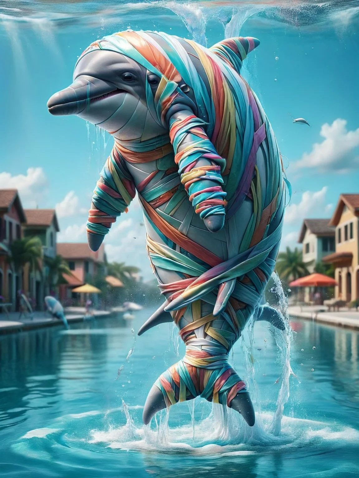 A playful dolphin leaping from the water with colorful ais-bndgs trailing behind <lora:ais-bndgs-sdxl:1>