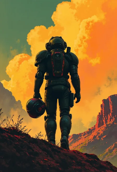 Vector art, uhd, 8k, 4k, epic, dramatic, 4k quality, (Perfect hand:1.4), (masterpiece), (superhero), detailed, ghiblistyle, Perfect hand
Rendered in a style redolent of Impressionism, the painting utilizes a vibrant.
A man in large, bulky battle armor, in the style of hell divers, stands on a hill overlooking a foreign landscape on an alien planet. He holds his helmet in his hand. His back to the camera. His armor is black with gold accents. 
The style is abstract. 
Dim lighting, sharp detail