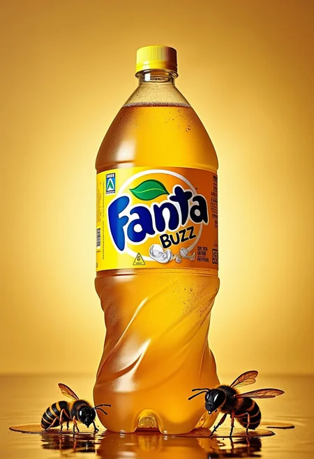 a large bottle of Fanta Buzz in white text with bee and wasp and honey in a gold background,