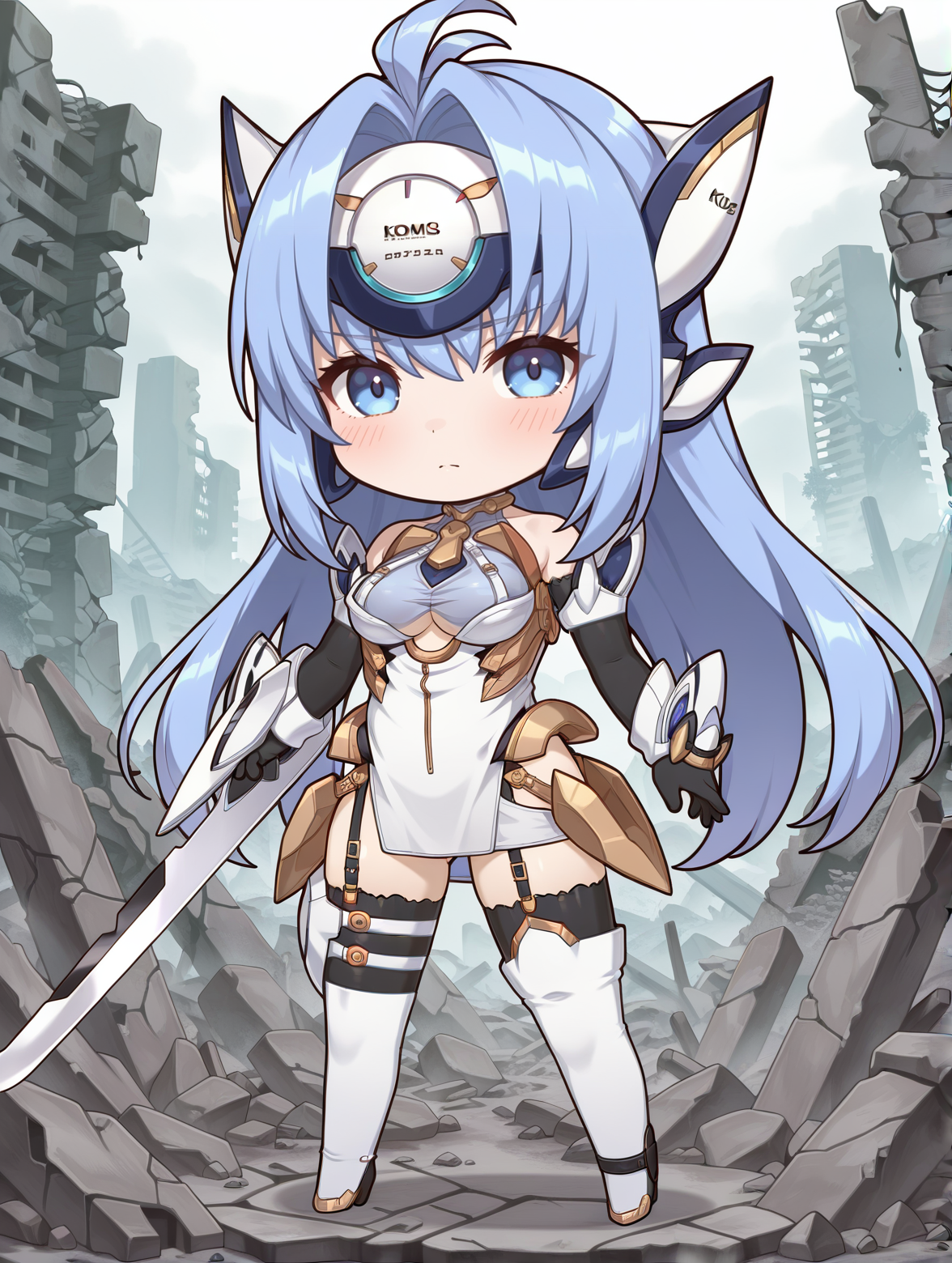kos-mos v4,1girl,solo,blue eyes,ruins,white arm blade,medium breasts,white thigh boots,looking at viewer,standing,blush,black elbow gloves,black thighhighs,white short dress,white forehead protector,chibi,full body,character name
masterpiece,best quality,amazing quality,very aesthetic,absurdres,newest,<lora:kos mos v4 illuXL v2:0.77>,
