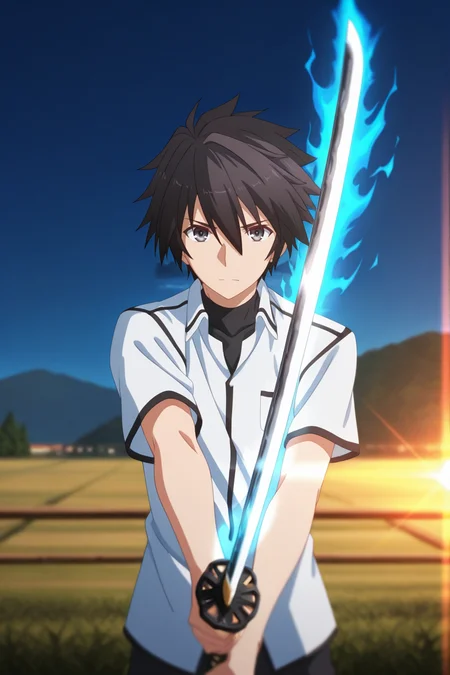 masterpiece, best quality, amazing quality, very aesthetic, high resolution, ultra-detailed, absurdres, newest, scenery, volumetric lighting, depth of field,anime screencap , , , 1boy, solo, male focus, <lora:ikki:0.89>,ikki kurogane, black hair, grey eyes,short hair,spiky hair,shirt,hair between eyes,looking at viewer, holding,white shirt, school uniform,short sleeves,aura, weapon, sword, holding weapon, holding sword, katana,outdoors