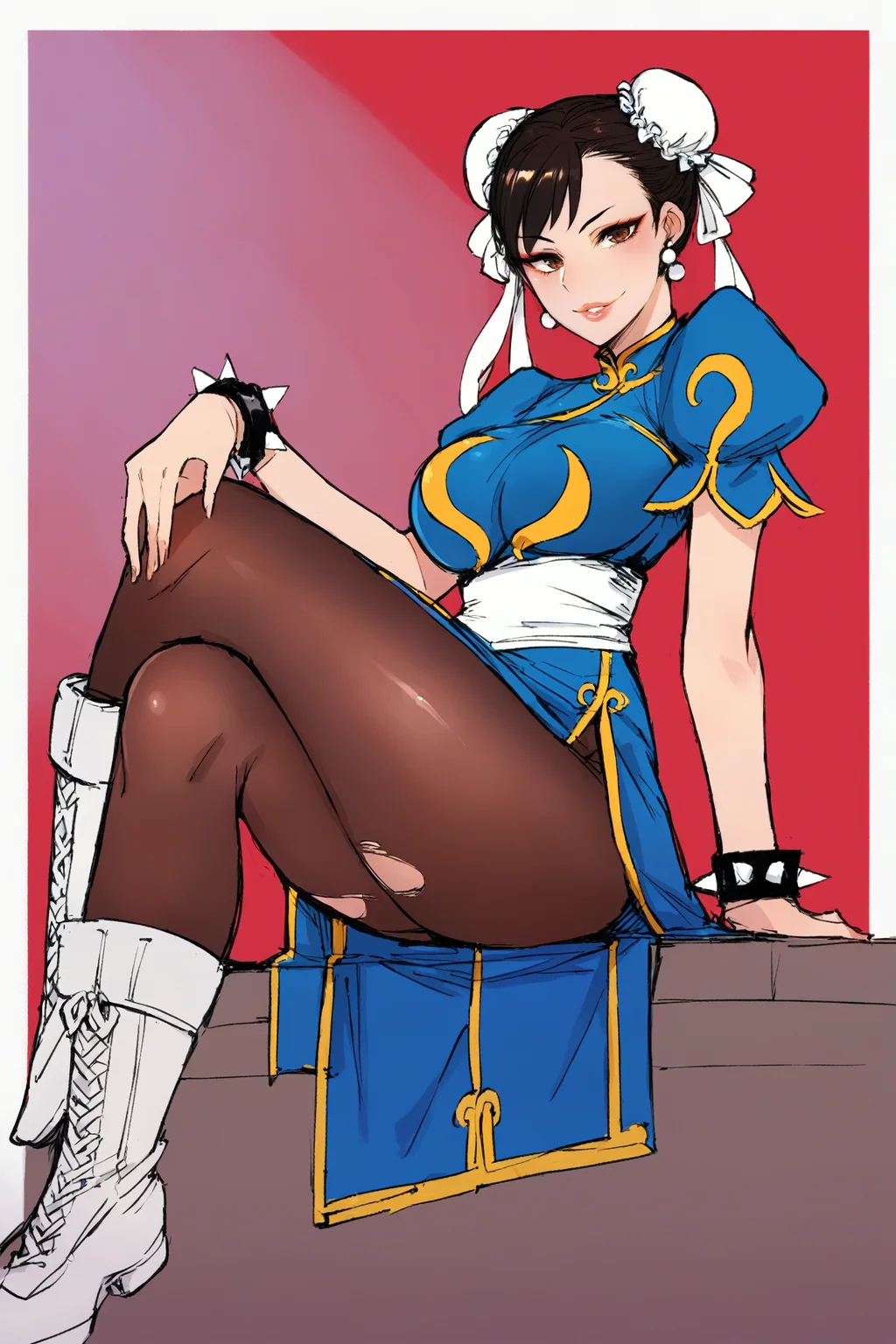 score_9, score_8_up, score_7_up, score_6_up, score_5_up, score_4_up, source_anime, ratatatat74, sketch, (mature female:1.2), chun-li, white footwear, 1girl, solo, chinese clothes, short sleeves, jewelry, bracelet, boots, torn clothes, bun cover, puffy short sleeves, double bun, sitting, puffy sleeves, breasts, knee boots, hair bun, pantyhose, china dress, crossed legs, dress, spiked bracelet, signature, spikes, red background, earrings, brown eyes, white border, cross-laced footwear, blue dress, looking at viewer, white sash, gold trim, torn pantyhose, thighs, large breasts, bangs, border, smile, full body, sash, outside border, simple background, pelvic curtain, brown hair, lips, black hair, lace-up boots, shiny, parted lips, brown pantyhose, arm support, ribbon, shiny hair, white bow, makeup, white ribbon, dated, short hair <lora:Ratpony-000007:1>