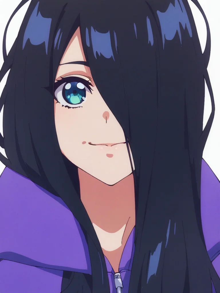 score_9, score_8_up, score_7_up,
1girl, zenshu, black hair, long hair, hair over one eye,
smile, closed mouth,
purple hoodie, face, close-up, looking at viewer, white background,