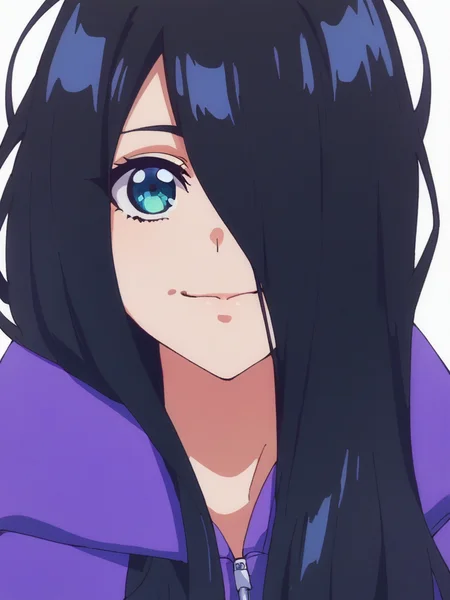 score_9, score_8_up, score_7_up,
1girl, zenshu, black hair, long hair, hair over one eye,
smile, closed mouth,
purple hoodie, face, close-up, looking at viewer, white background,
